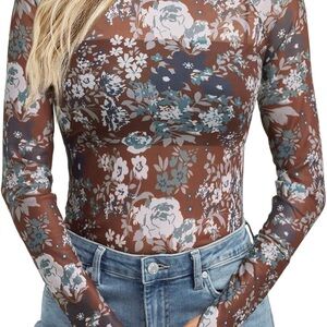 Brown Floral Long Sleeve Mesh Tops Multiple Sizes